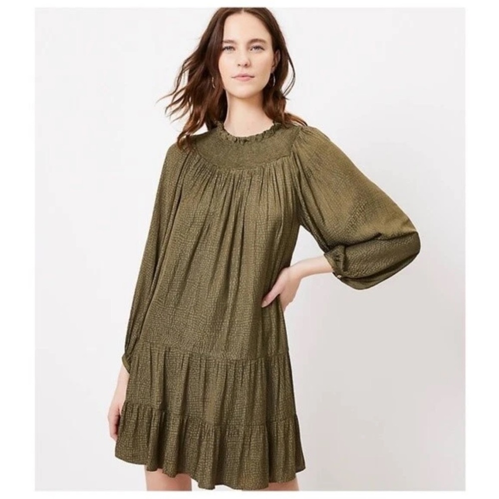 LOFT Olive Long Sleeve Dress with Smocked Neckline